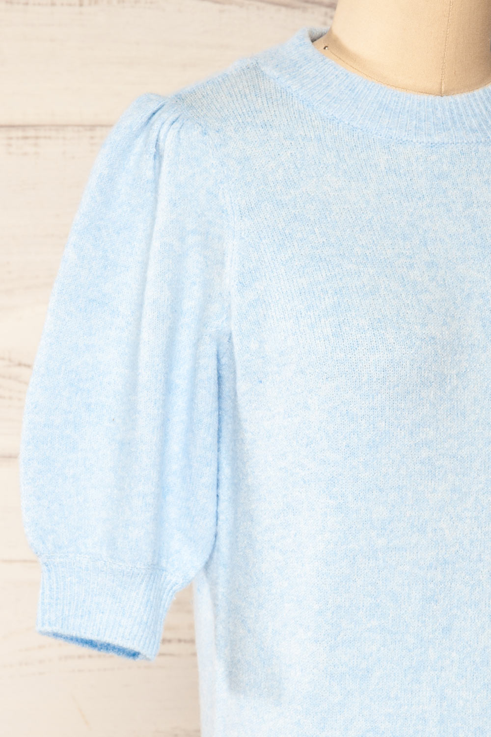 Rutril Blue Soft Knit Top w/ Puff Sleeves | La petite garçonne side close-up