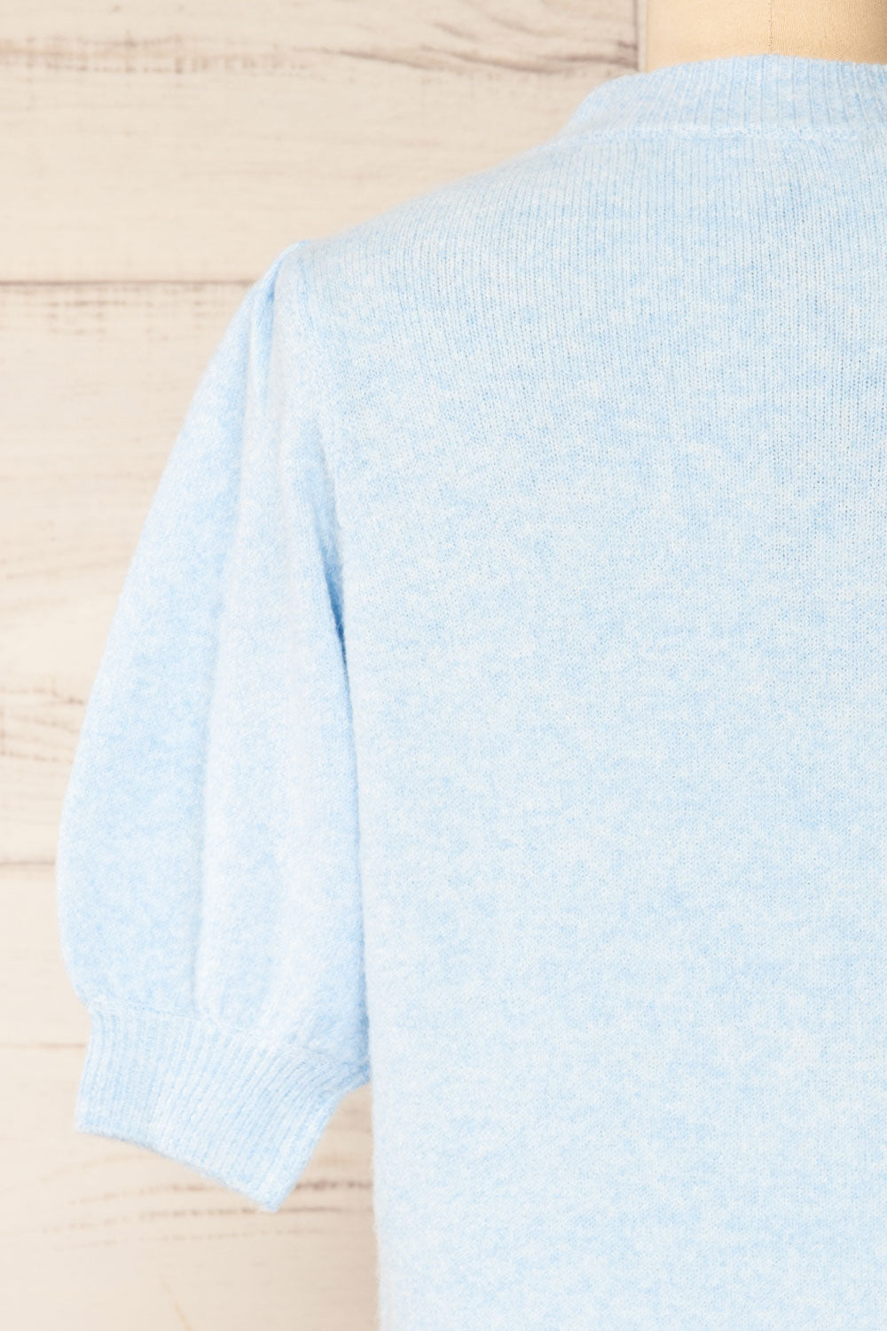 Rutril Blue Soft Knit Top w/ Puff Sleeves | La petite garçonne back close-up