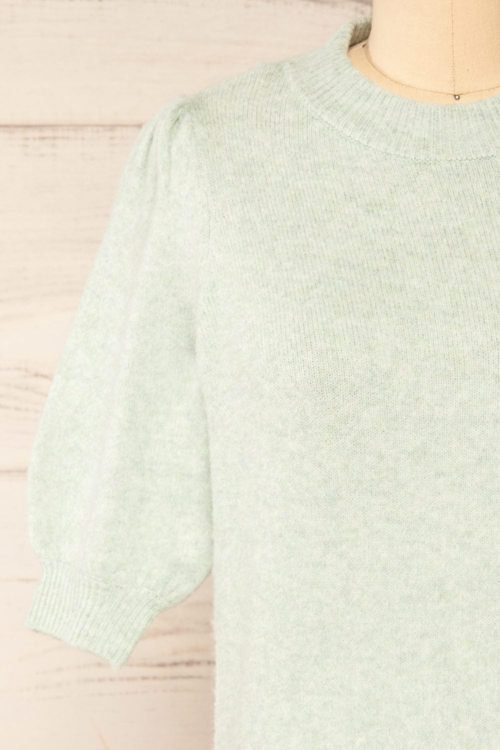 Rutril Mint Soft Knit Top w/ Puff Sleeves | La petite garçonne front close-up