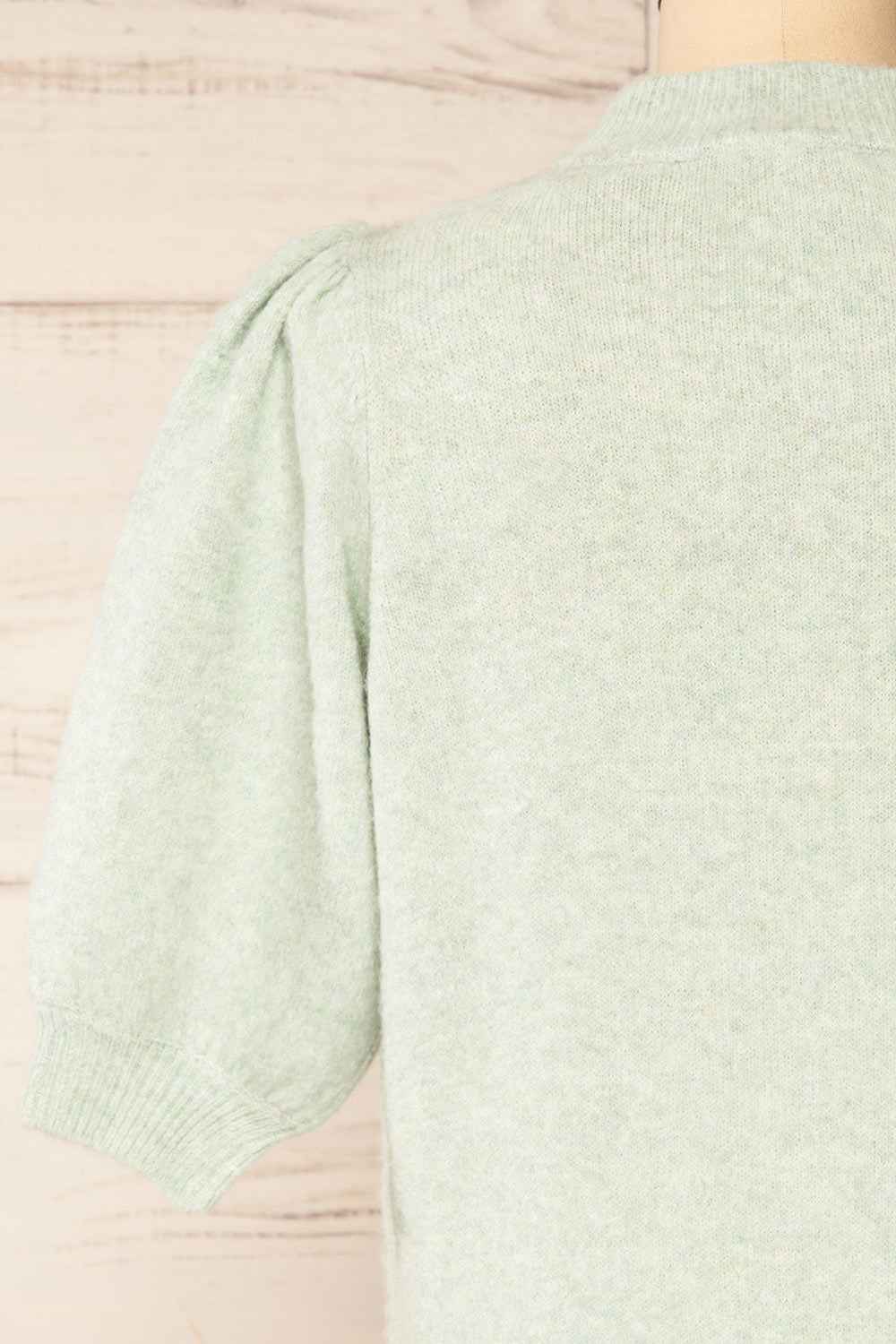 Rutril Mint Soft Knit Top w/ Puff Sleeves | La petite garçonne back close-up