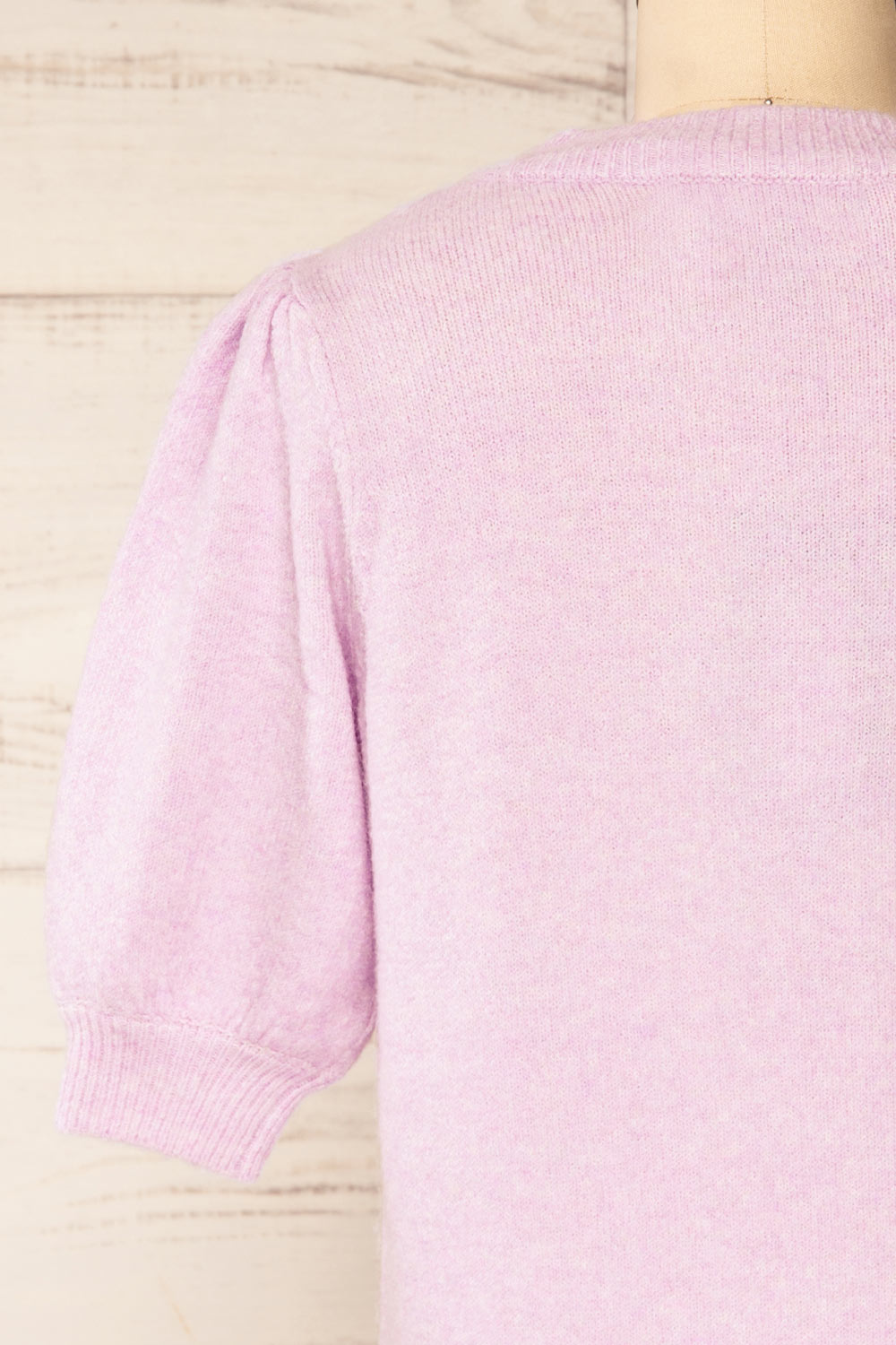 Rutril Lilac Soft Knit Top w/ Puff Sleeves | La petite garçonne back close-up