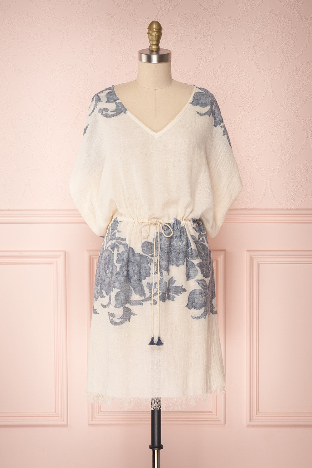 Sabatina Cream & Blue V-Neck Poncho | Boutique 1861