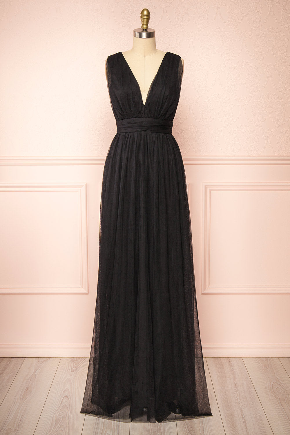 Samina Black Tulle Maxi Dress w/ Plunging Neckline | Boudoir 1861 front view