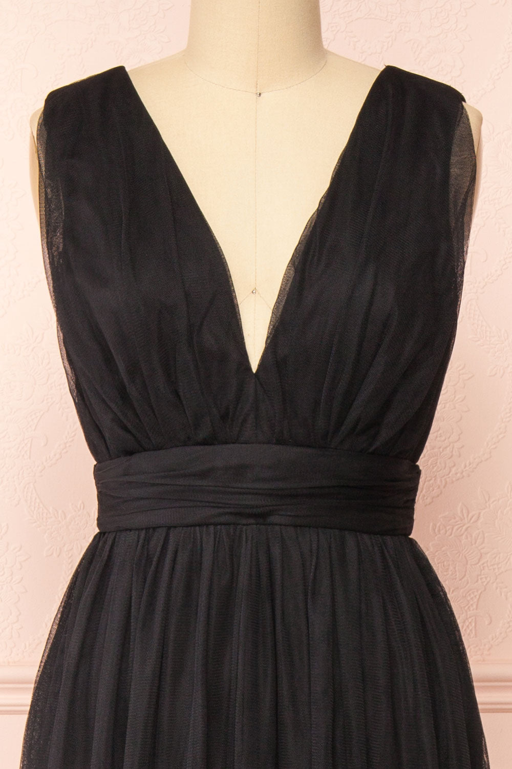 Samina Black Tulle Maxi Dress w/ Plunging Neckline | Boudoir 1861 front close-up