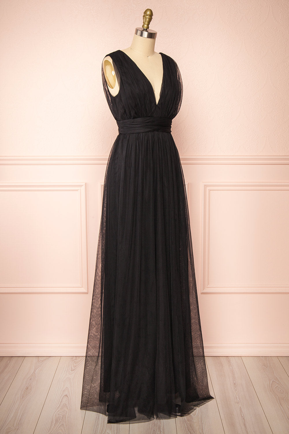 Samina Black Tulle Maxi Dress w/ Plunging Neckline | Boudoir 1861 side view