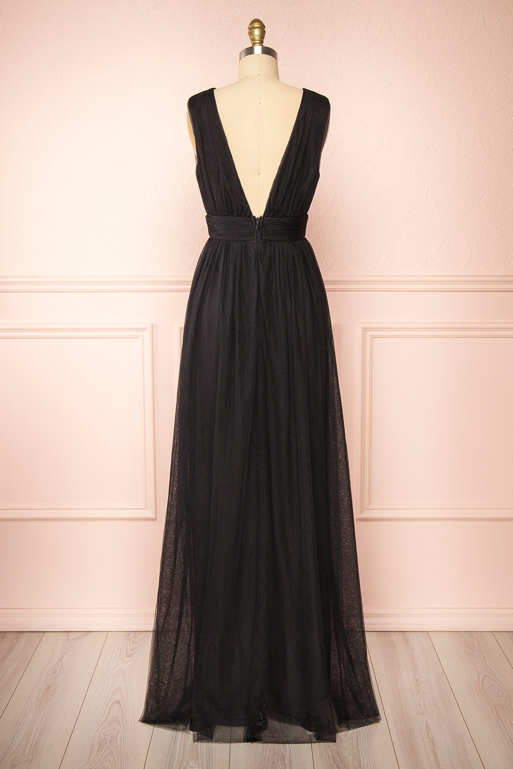 Samina Black Tulle Maxi Dress w/ Plunging Neckline | Boudoir 1861 back view