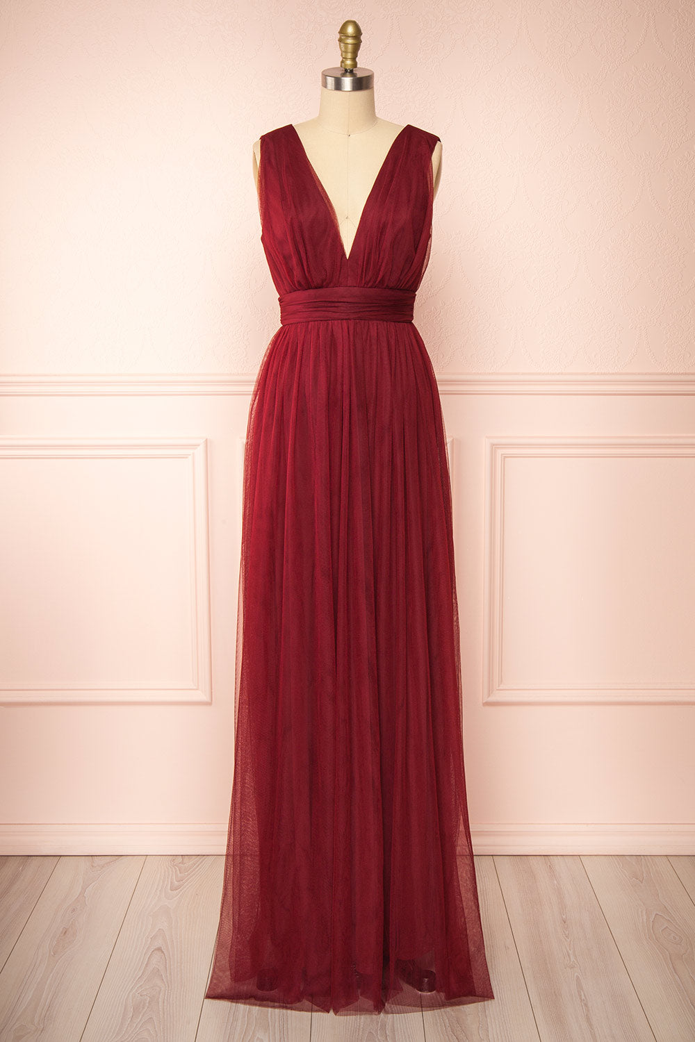 Samina Burgundy Tulle Maxi Dress with Plunging Neckline Boudoir 1861