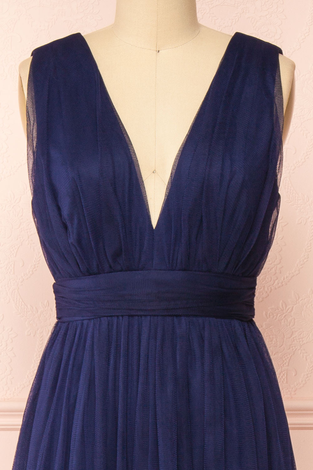 Samina Navy Tulle Maxi Dress w/ Plunging Neckline | Boudoir 1861 front close-up