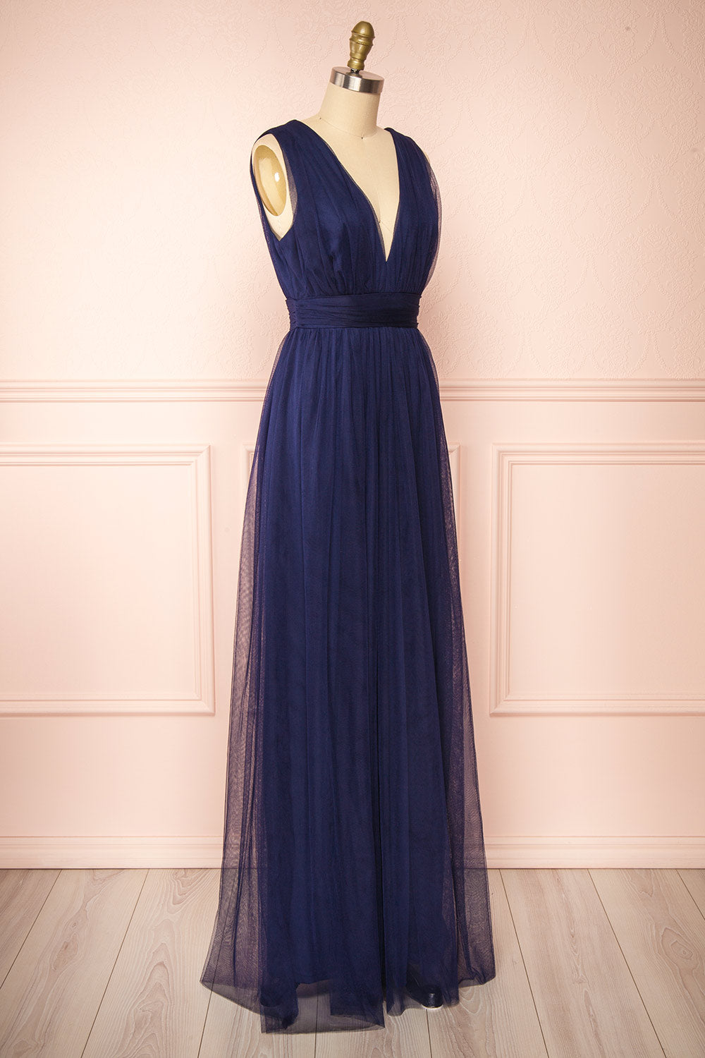 Samina Navy Tulle Maxi Dress w/ Plunging Neckline | Boudoir 1861 side view
