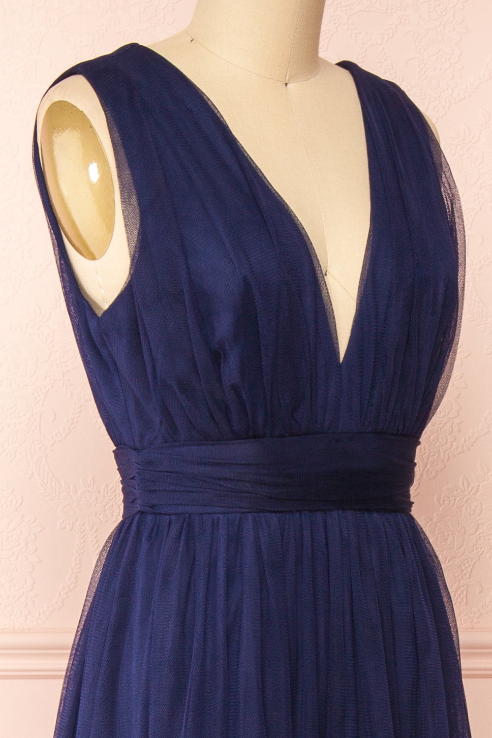 Samina Navy Tulle Maxi Dress w/ Plunging Neckline | Boudoir 1861 side close-up