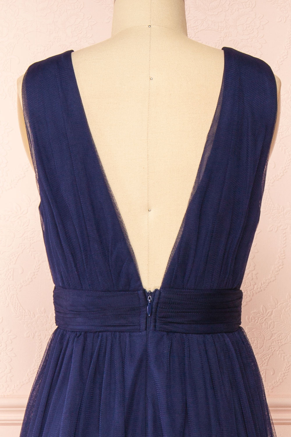 Samina Navy Tulle Maxi Dress w/ Plunging Neckline | Boudoir 1861 back close-up