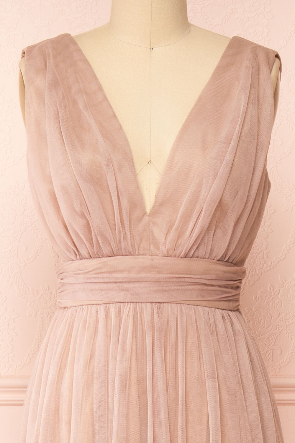 Samina Taupe Tulle Maxi Dress w/ Plunging Neckline | Boudoir 1861 front close-up