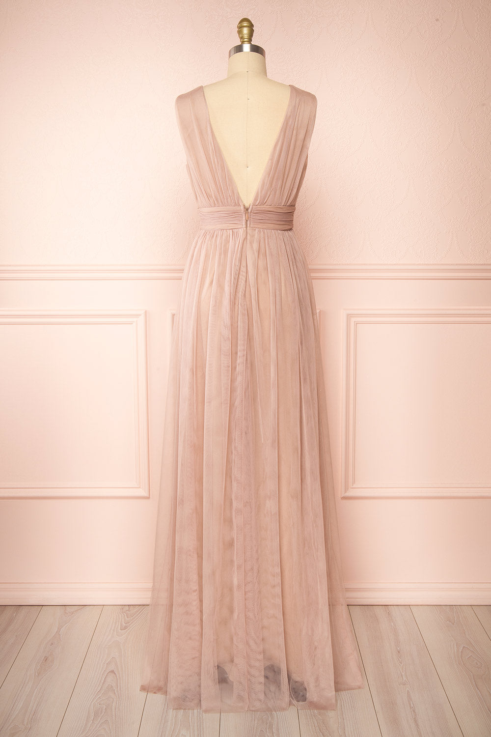 Samina Taupe Tulle Maxi Dress w/ Plunging Neckline | Boudoir 1861 back view