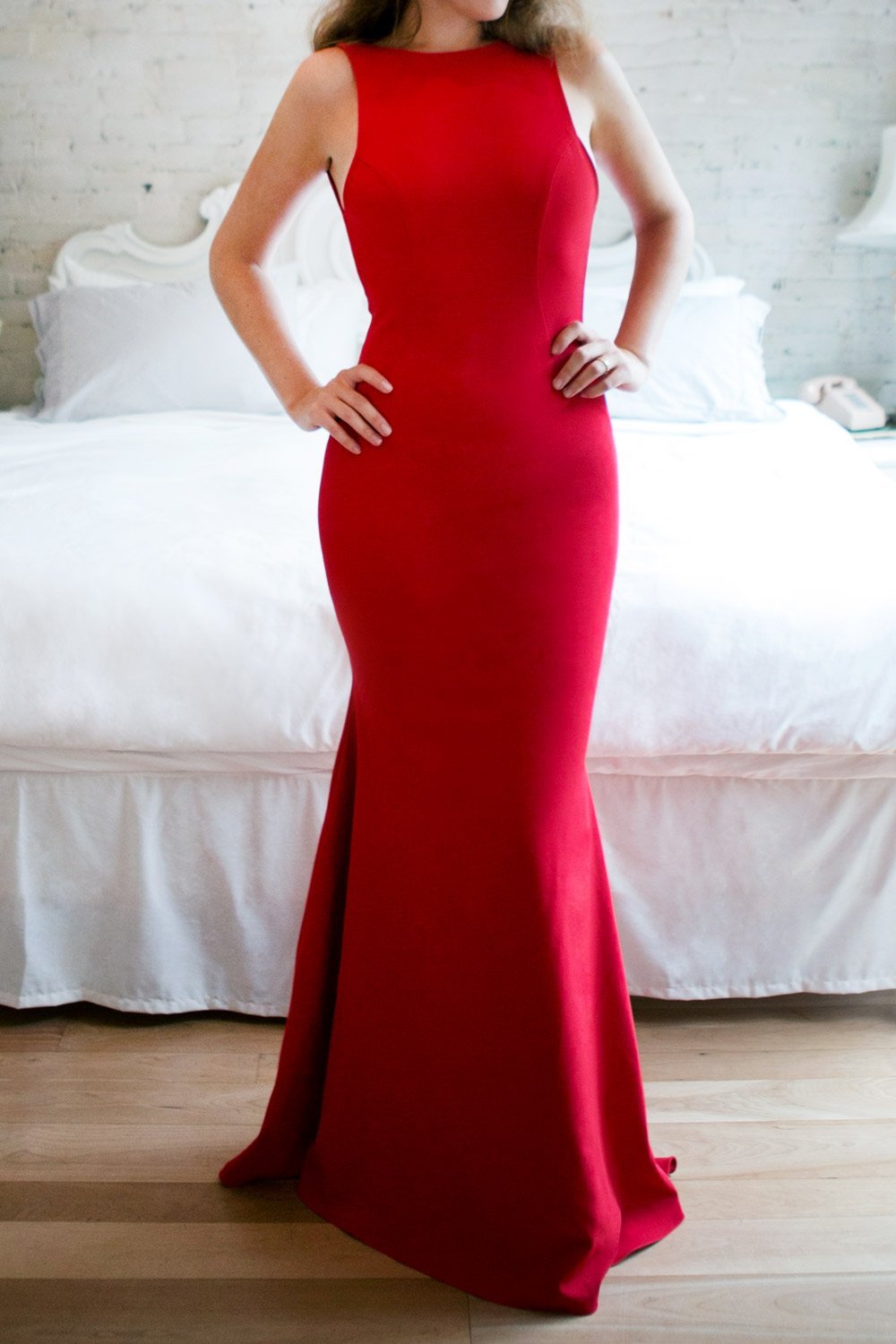 Sanya Red Mermaid Gown with Train | La Petite Garçonne on model