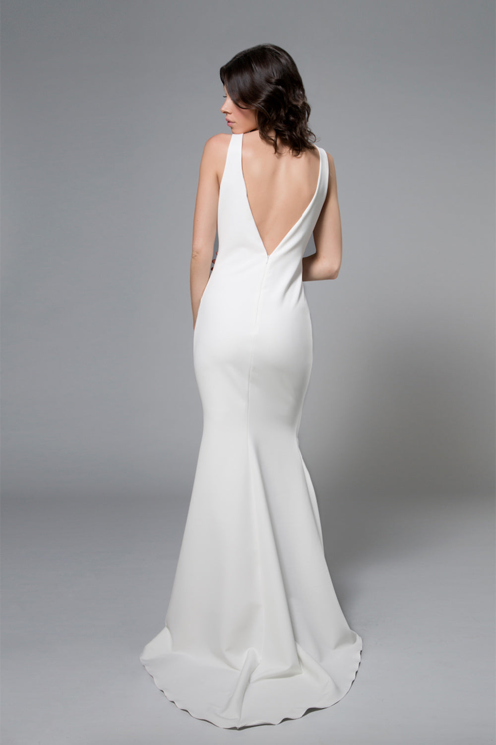 Sanya White Mermaid Gown with Open V Back & Train | Boudoir 1861 front on model