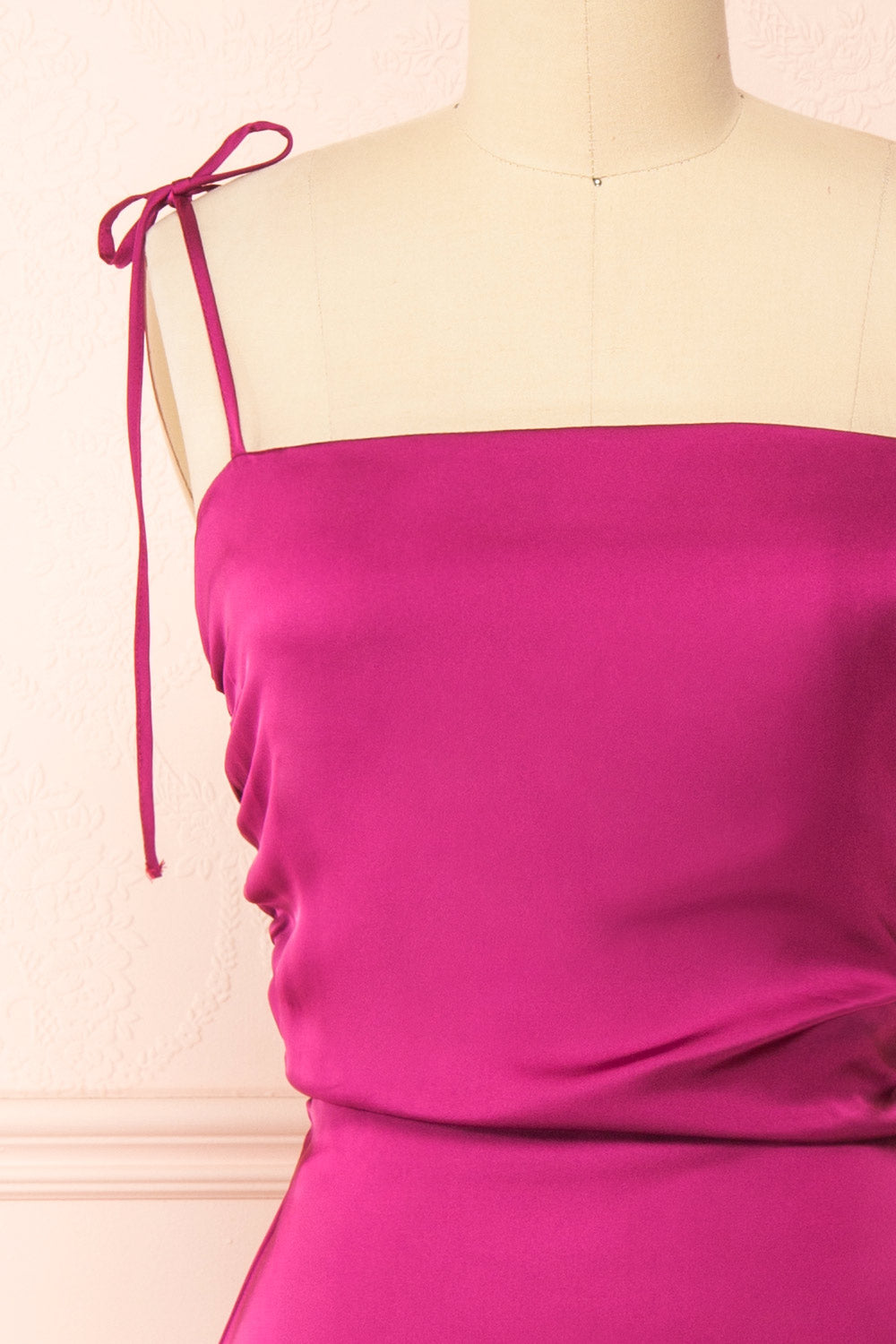 Sarah Mauve Short Satin Dress w/ Tie Straps | Boutique 1861 front view