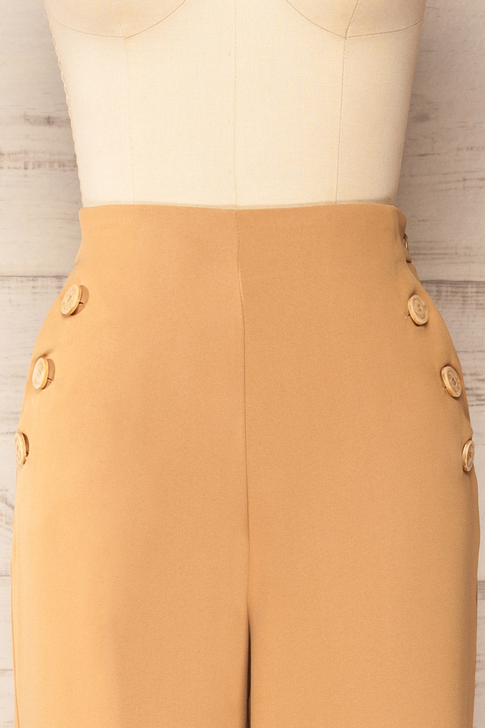 Sarin Beige Flare Leg Pants w/ Elastic Waistband | La petite garçonne front close up