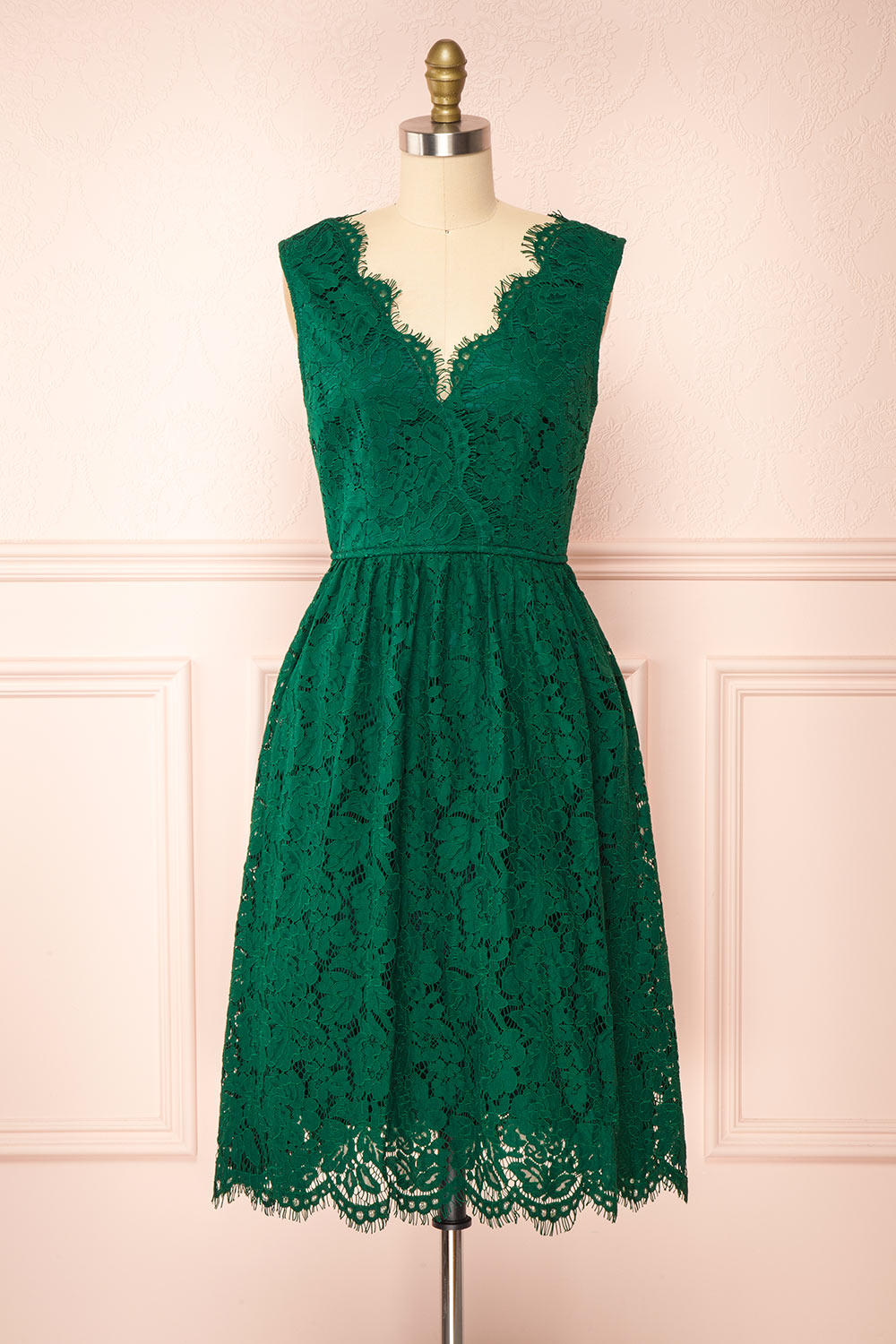 Sarita Emerald A-Line Lace Midi Dress w/ Wide Straps | Boutique 1861 front viewSarita Emerald A-Line Lace Midi Dress w/ Wide Straps | Boutique 1861