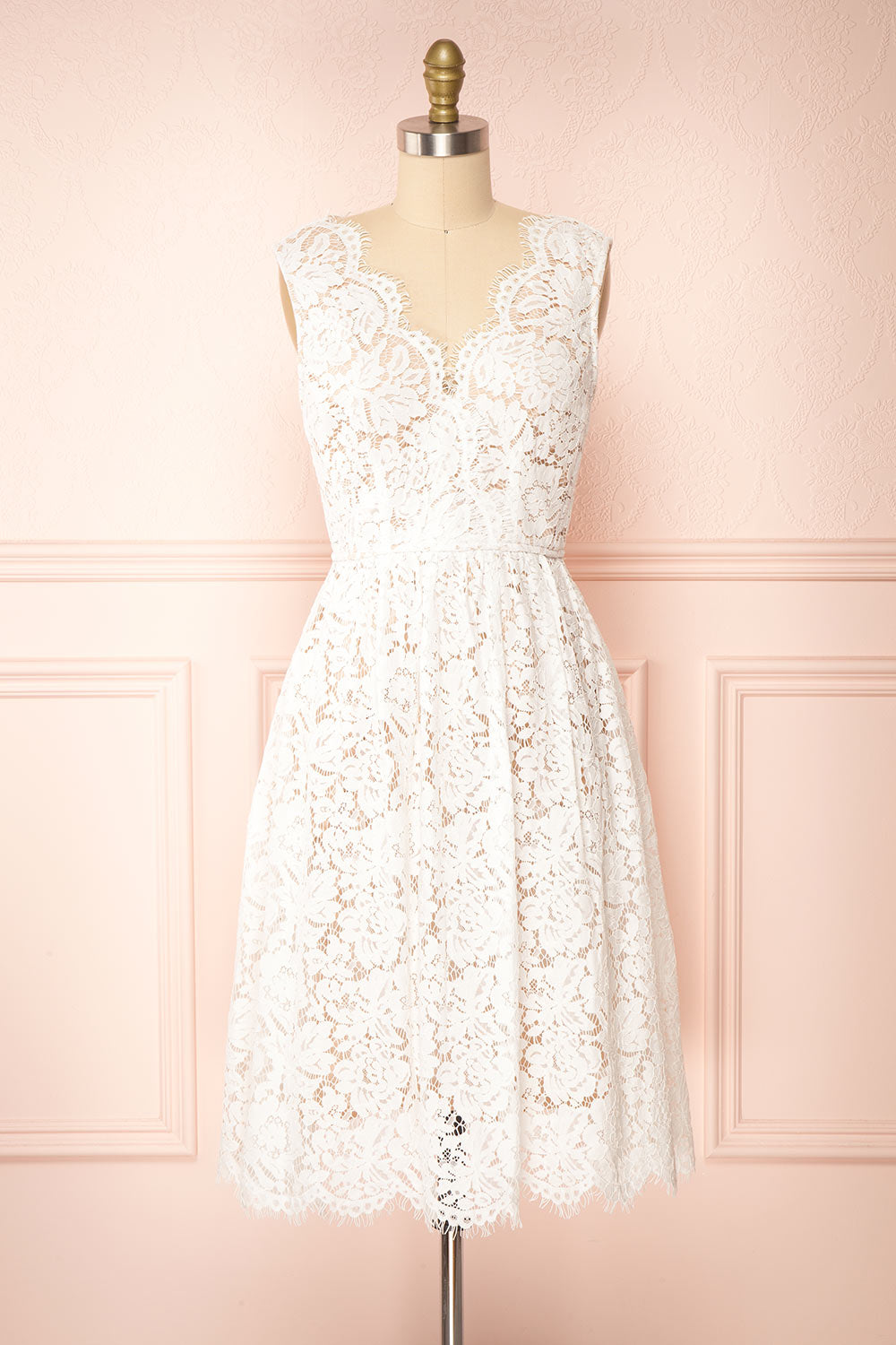 Sarita Ivory A-Line Lace Midi Dress w/ Wide Straps | Boutique 1861 front view