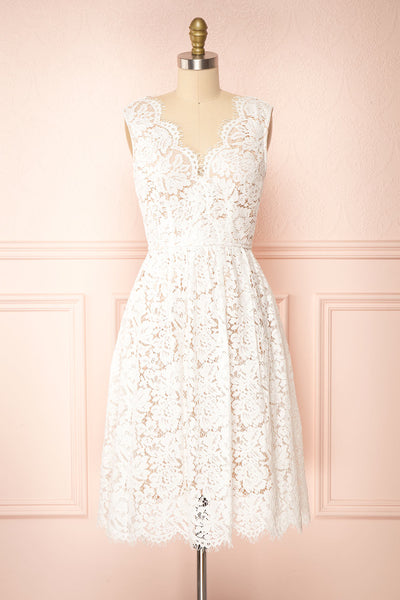 Sarita Ivory A-Line Lace Midi Dress w/ Wide Straps | Boutique 1861 front view
