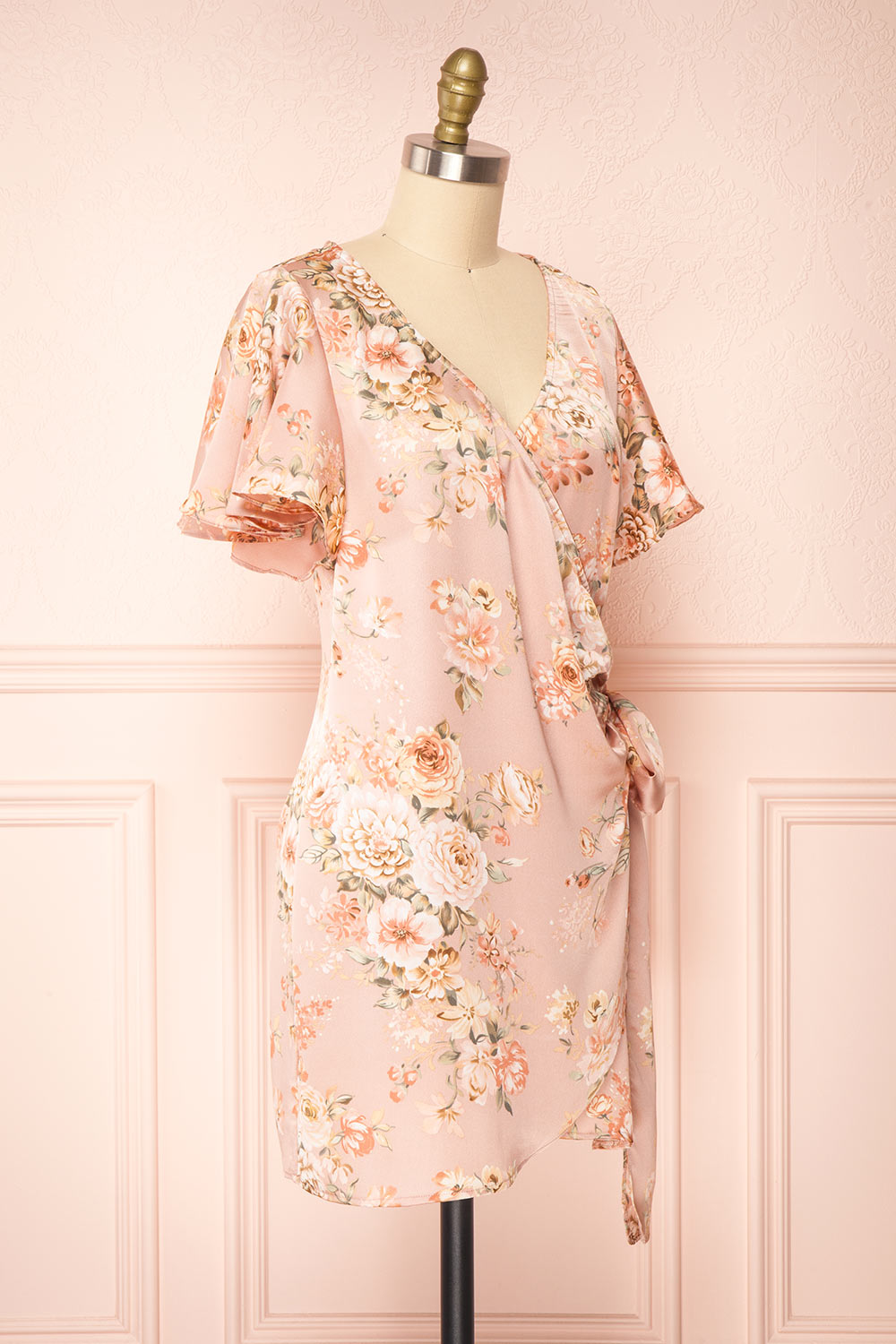 Sawda Blush Short Sleeve Floral Wrap Dress | Boutique 1861 side view