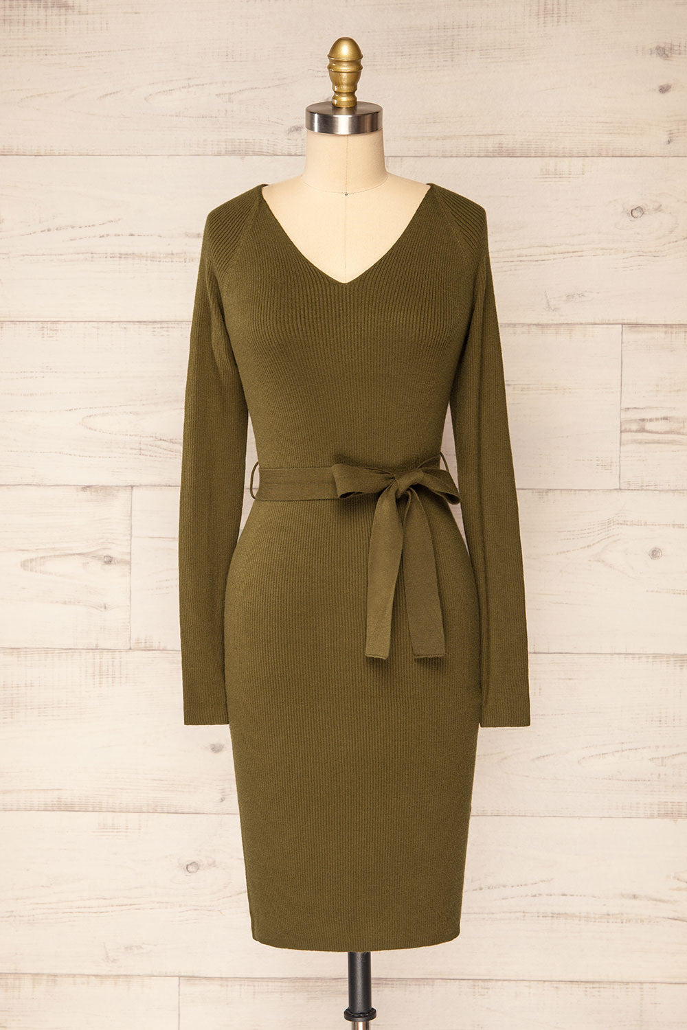 Sayure Khaki Ribbed Midi Dress | La petite garçonne front view