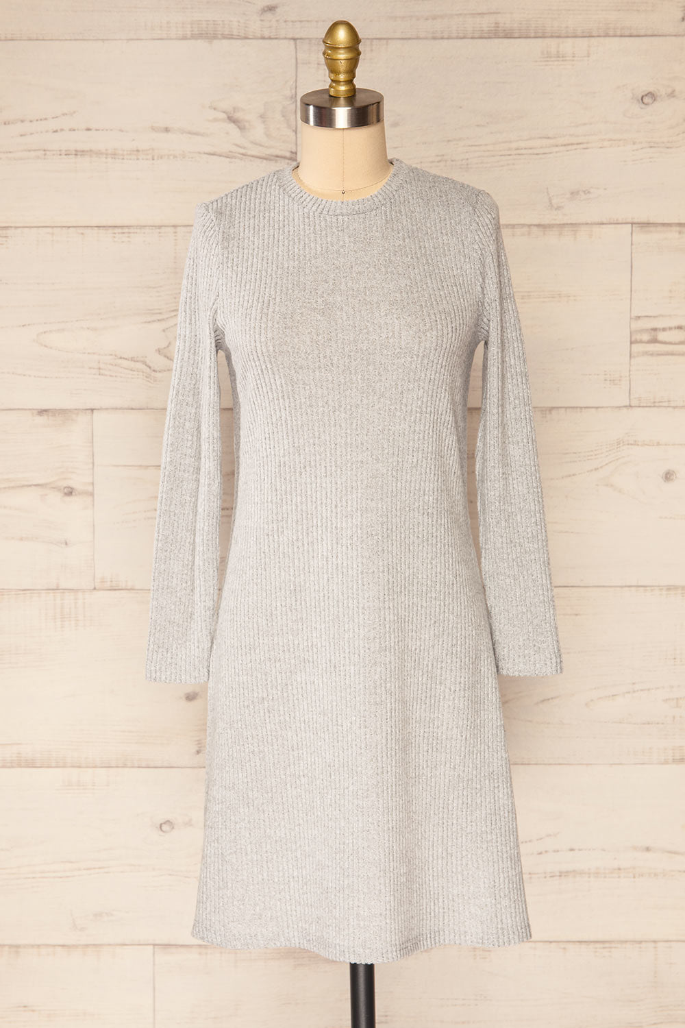 Seia Light Grey Long Sleeve Ribbed Short Dress | La petite garçonne front view