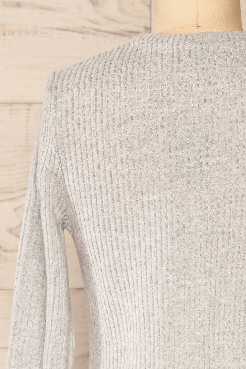 Seia Light Grey Long Sleeve Ribbed Short Dress | La petite garçonne back close-up