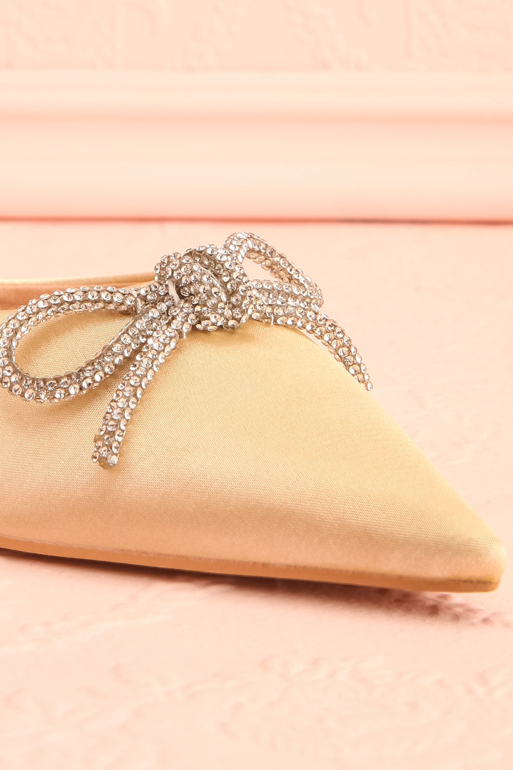 Sentiment Ivory Satin Pointed-Toe Heels w/ Sequin Bow | Boutique 1861 front close-up