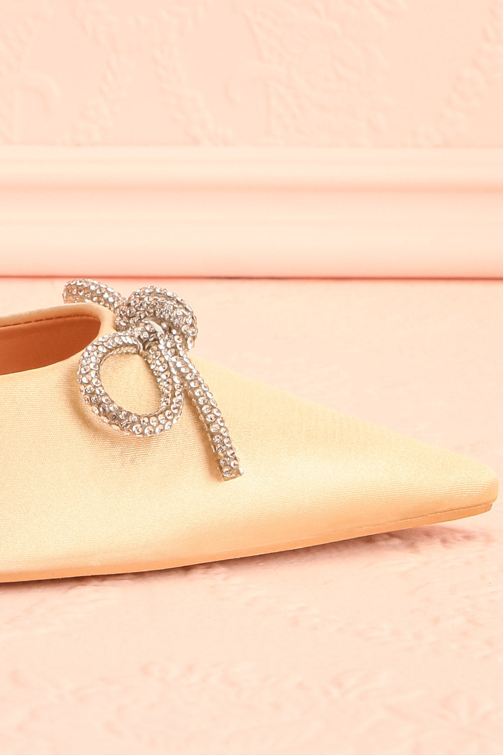 Sentiment Ivory Satin Pointed-Toe Heels w/ Sequin Bow | Boutique 1861 side front close-up