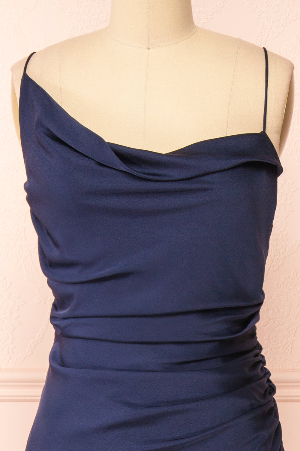 Sevika Navy Maxi Satin Dress w/ Cowl Neck | Boutique 1861 front close-up
