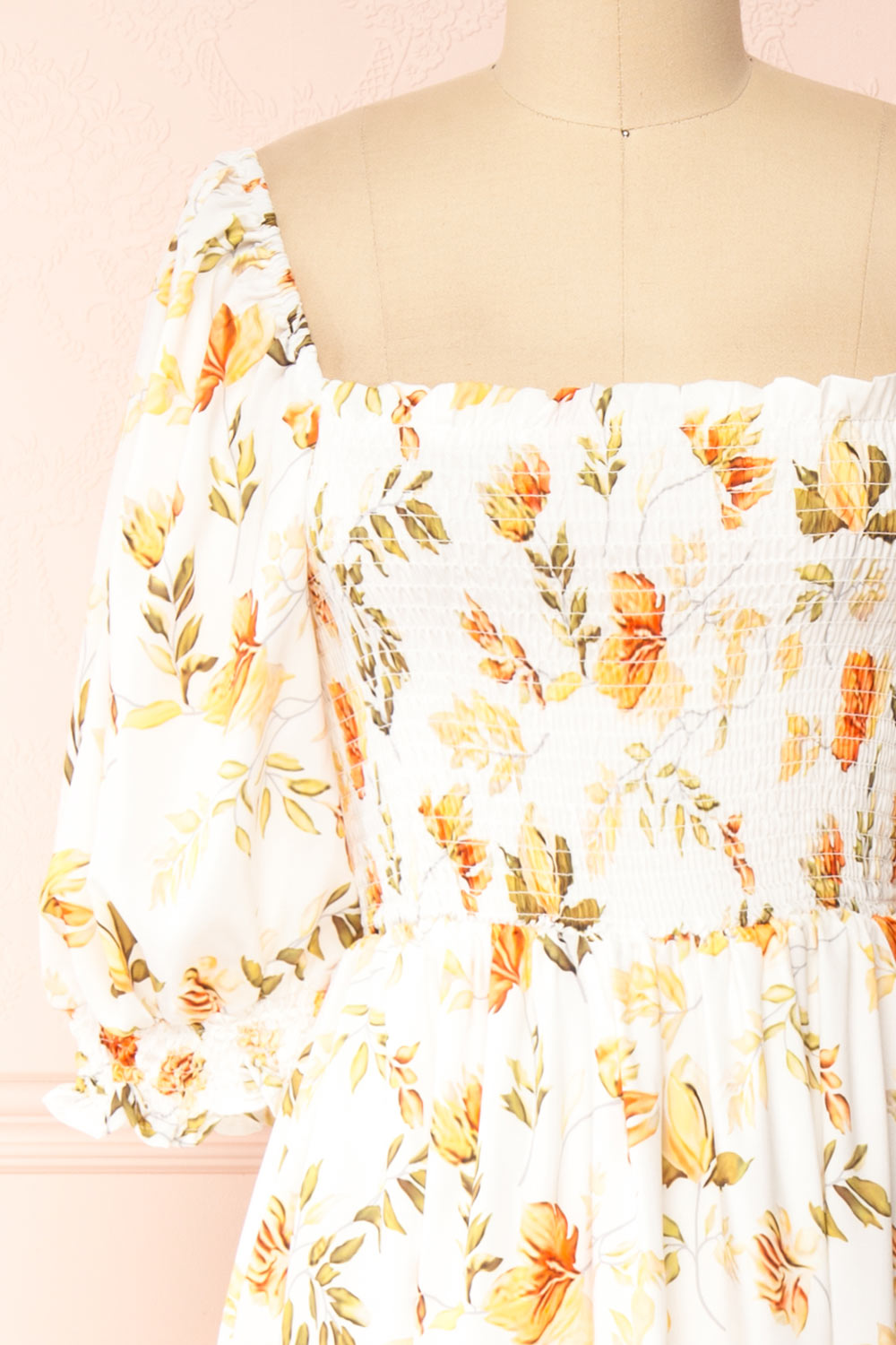 Shana Square Collar Floral Midi Dress w/ Ruffles | Boutique 1861 front close-up