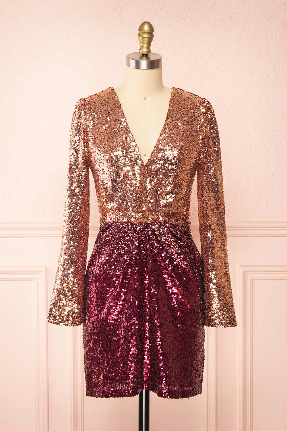 Shiragiku Short Ombré Sequin Dress w/ Long Sleeves | Boutique 1861 front view