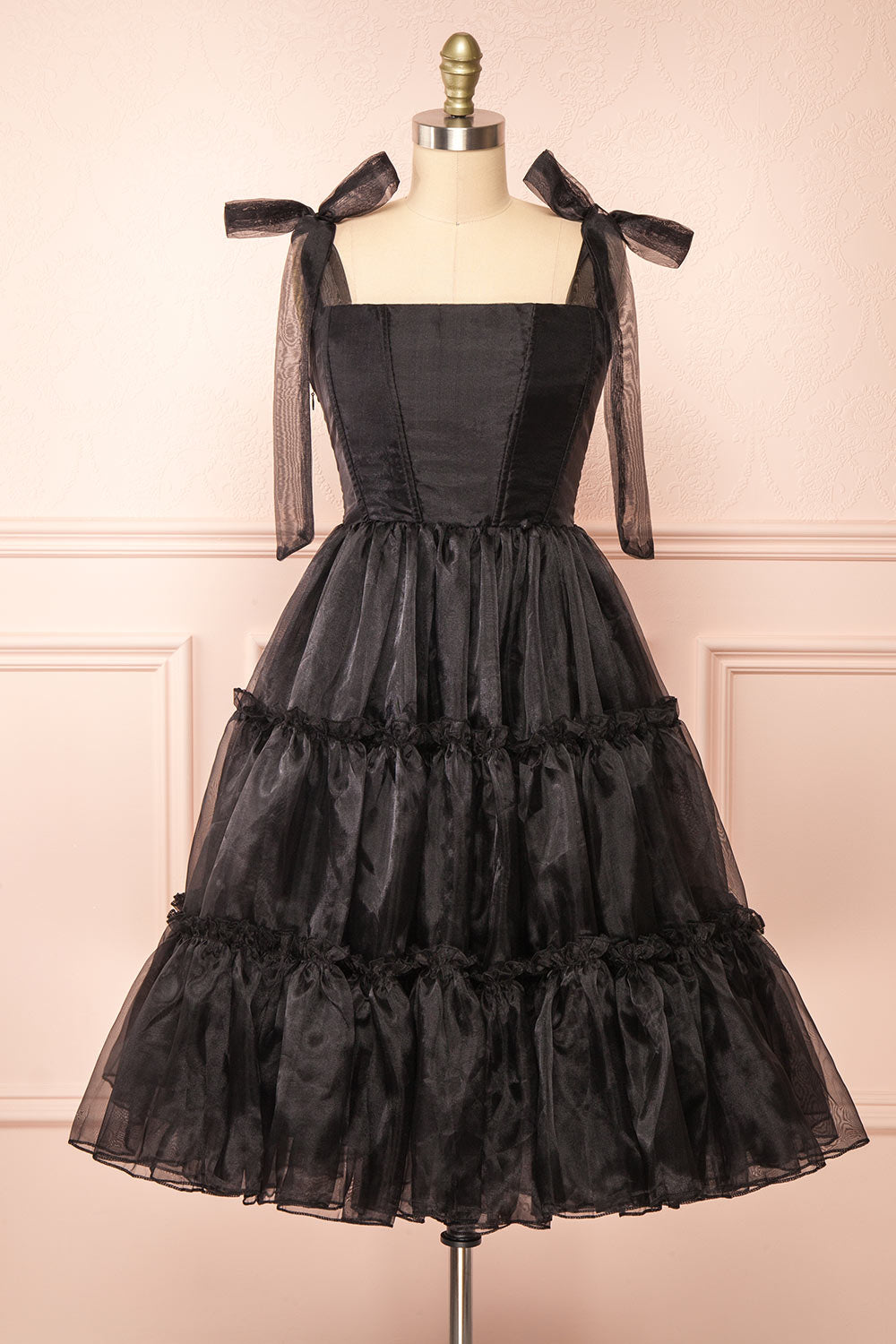 Siena Tiered Black Tulle Midi Dress | Boutique 1861