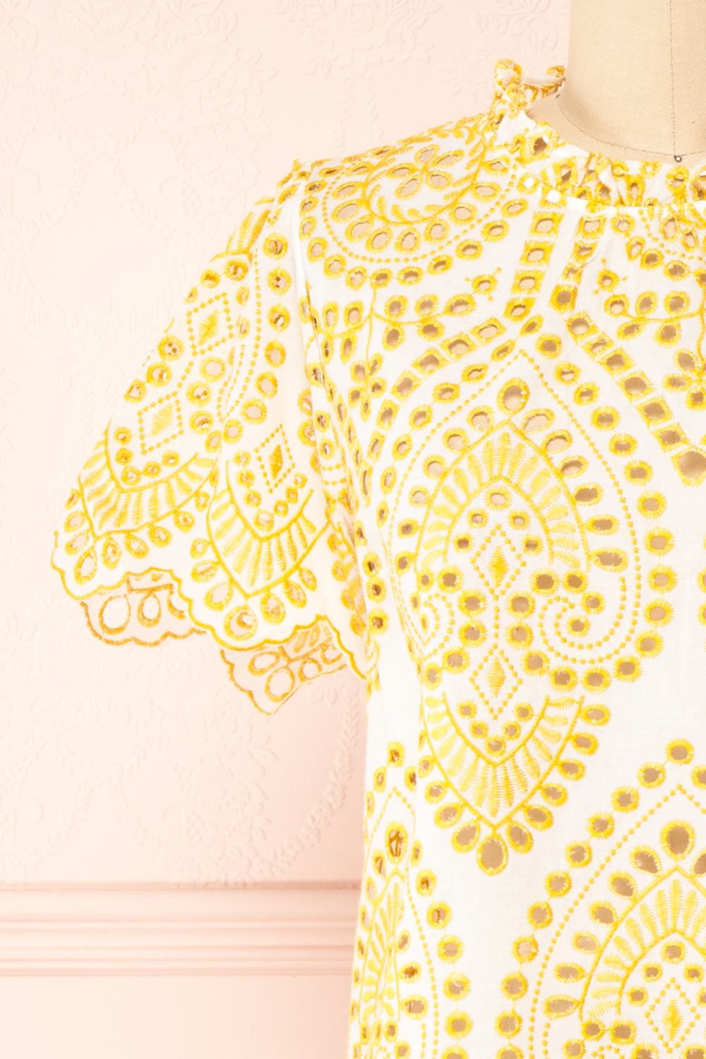 Skylar Yellow & White Embroidered Short Sleeve Top | Boutique 1861 front close-up