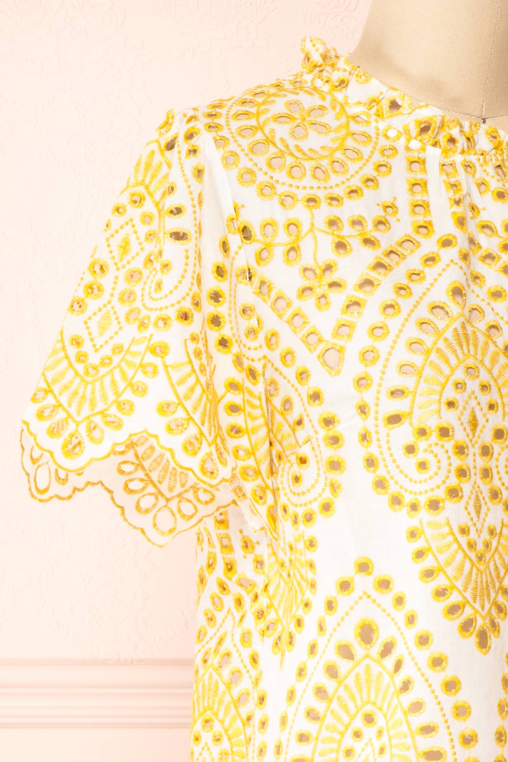 Skylar Yellow & White Embroidered Short Sleeve Top | Boutique 1861 side close-up