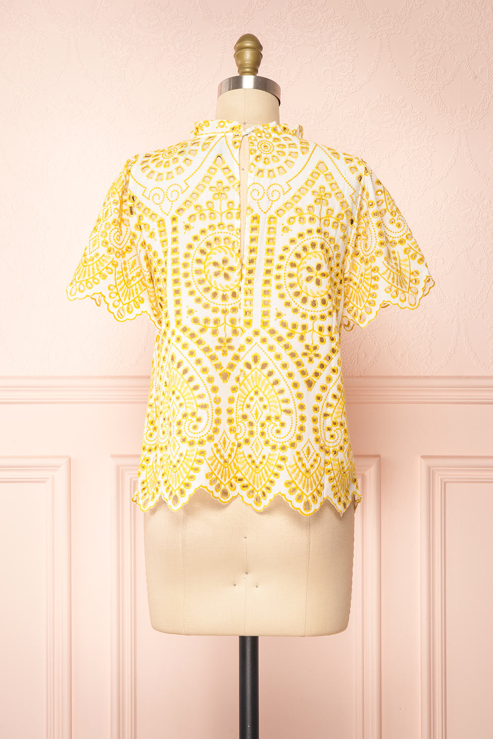 Skylar Yellow & White Embroidered Short Sleeve Top | Boutique 1861 back view