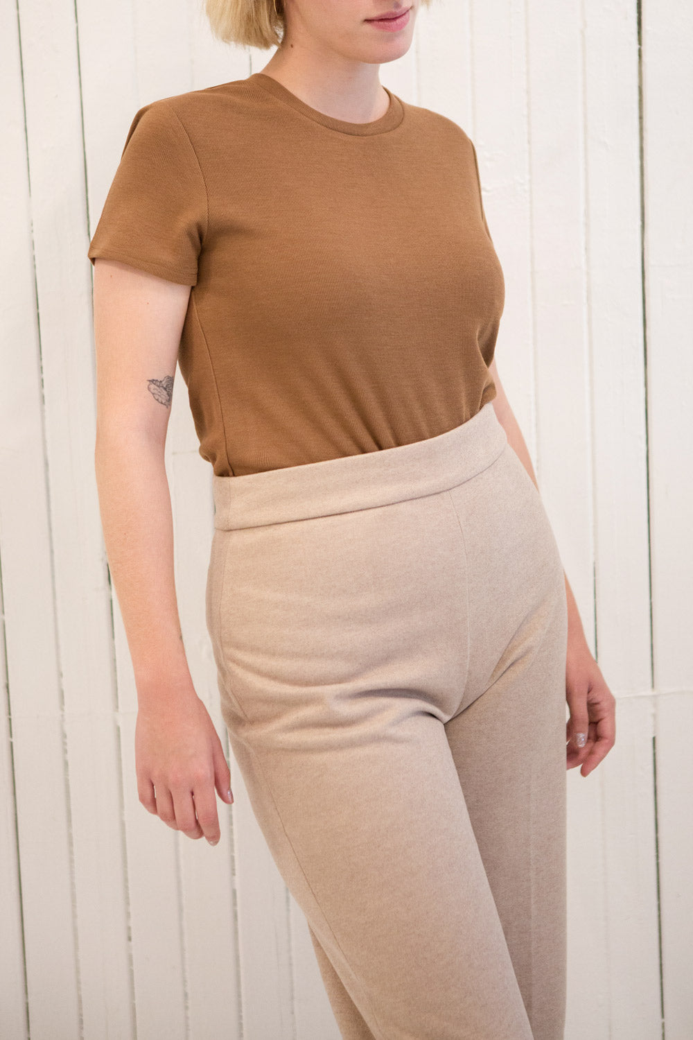 Sliven Basic Brown Round Collar T-Shirt | La petite garçonne model