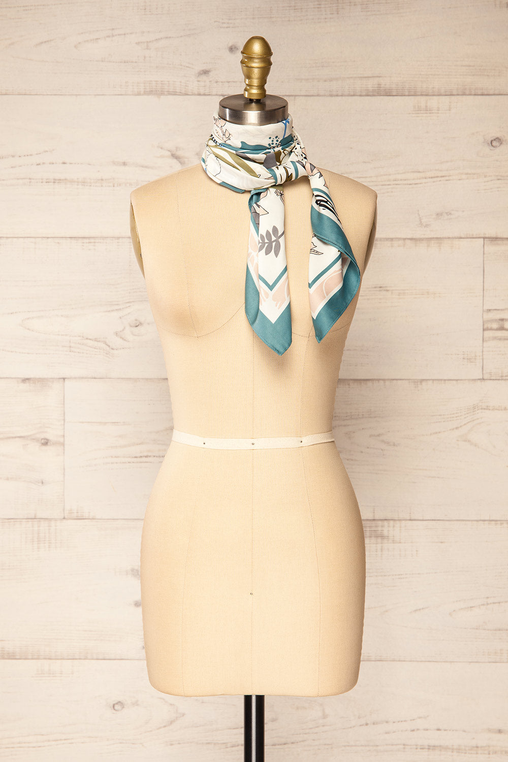 Smiltene Teal Floral Satin Scarf w/ Animal Print | La petite garçonne side