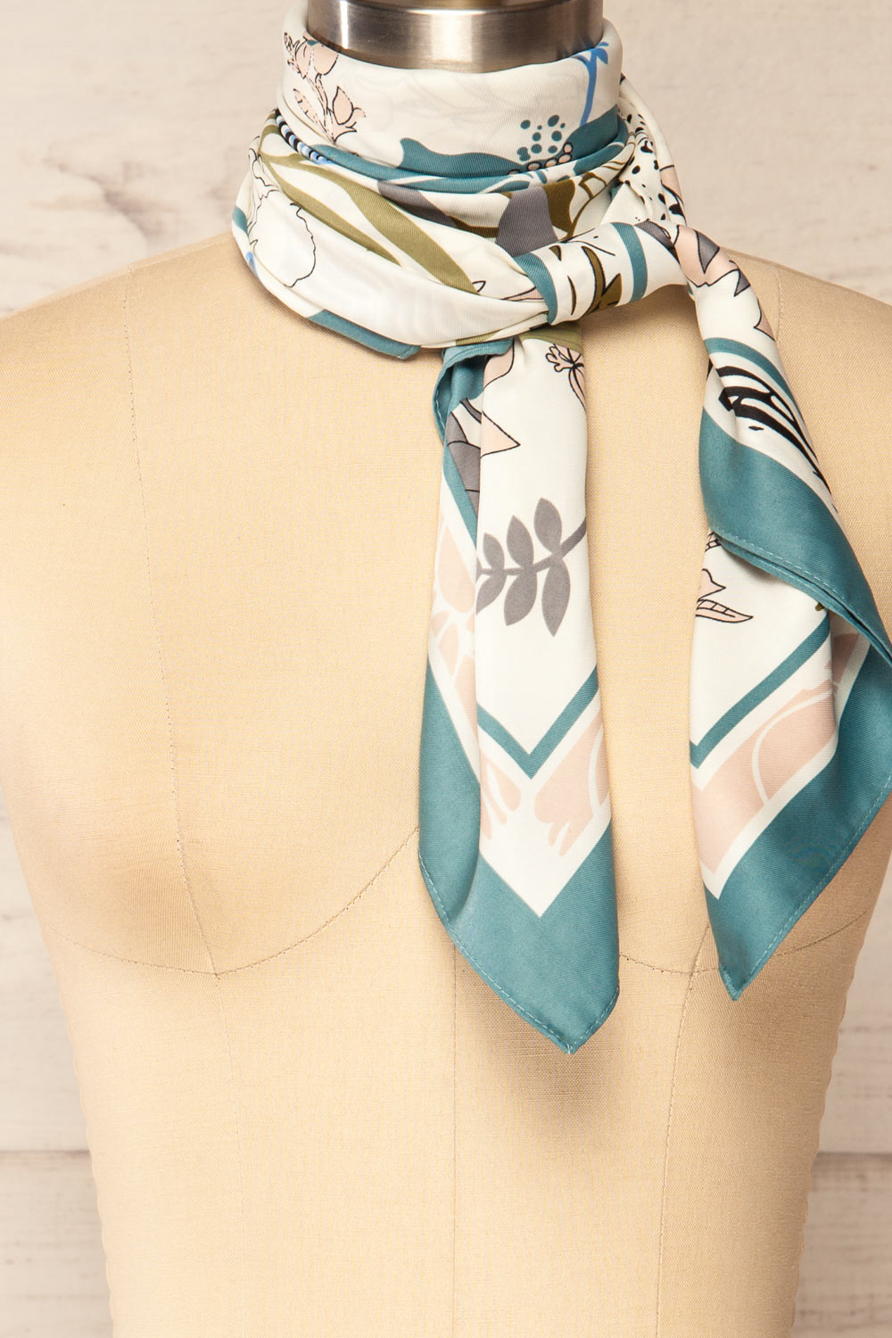 Smiltene Teal Floral Satin Scarf w/ Animal Print | La petite garçonne side close-up