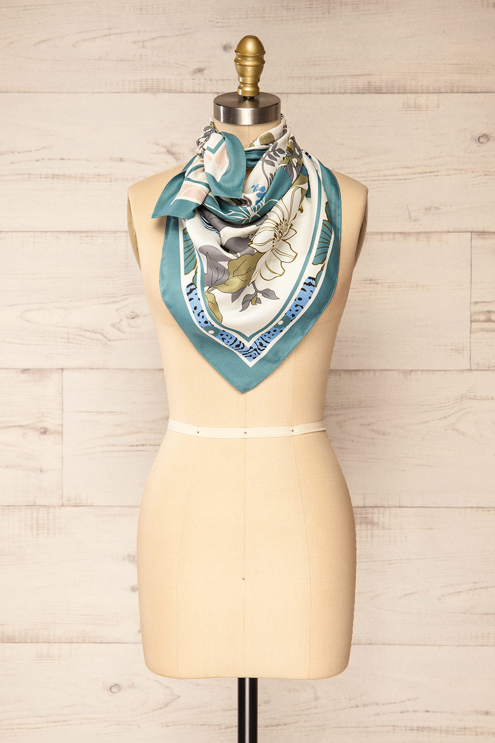Smiltene Teal Floral Satin Scarf w/ Animal Print | La petite garçonne