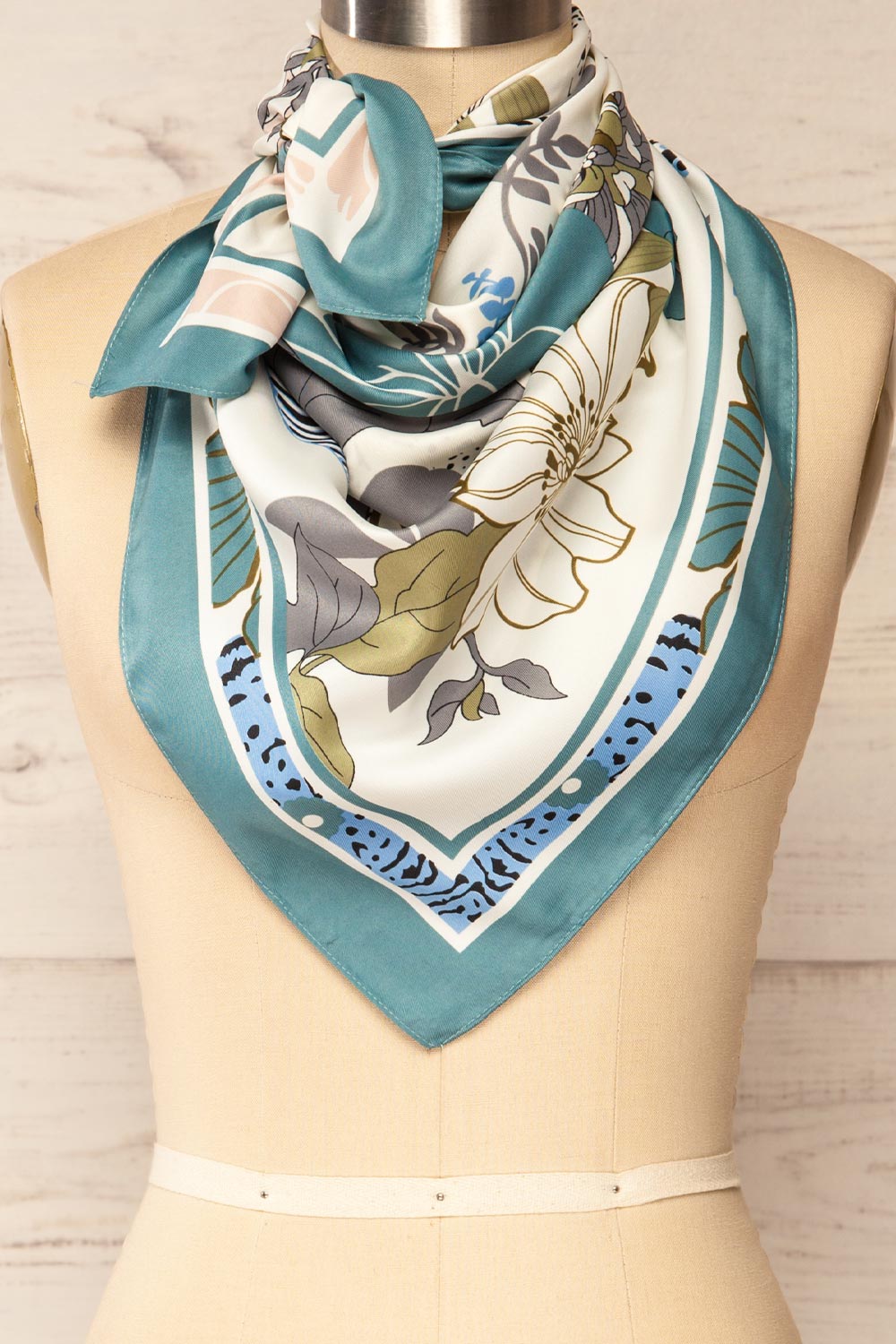 Smiltene Teal Floral Satin Scarf w/ Animal Print | La petite garçonne close-up