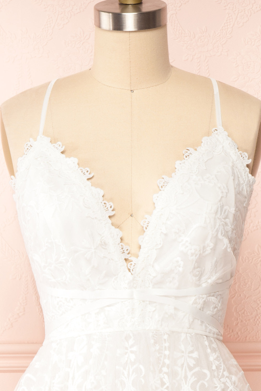Sofie Ivory Short Embroidered Dress w/ V-neckline | Boutique 1861 front view