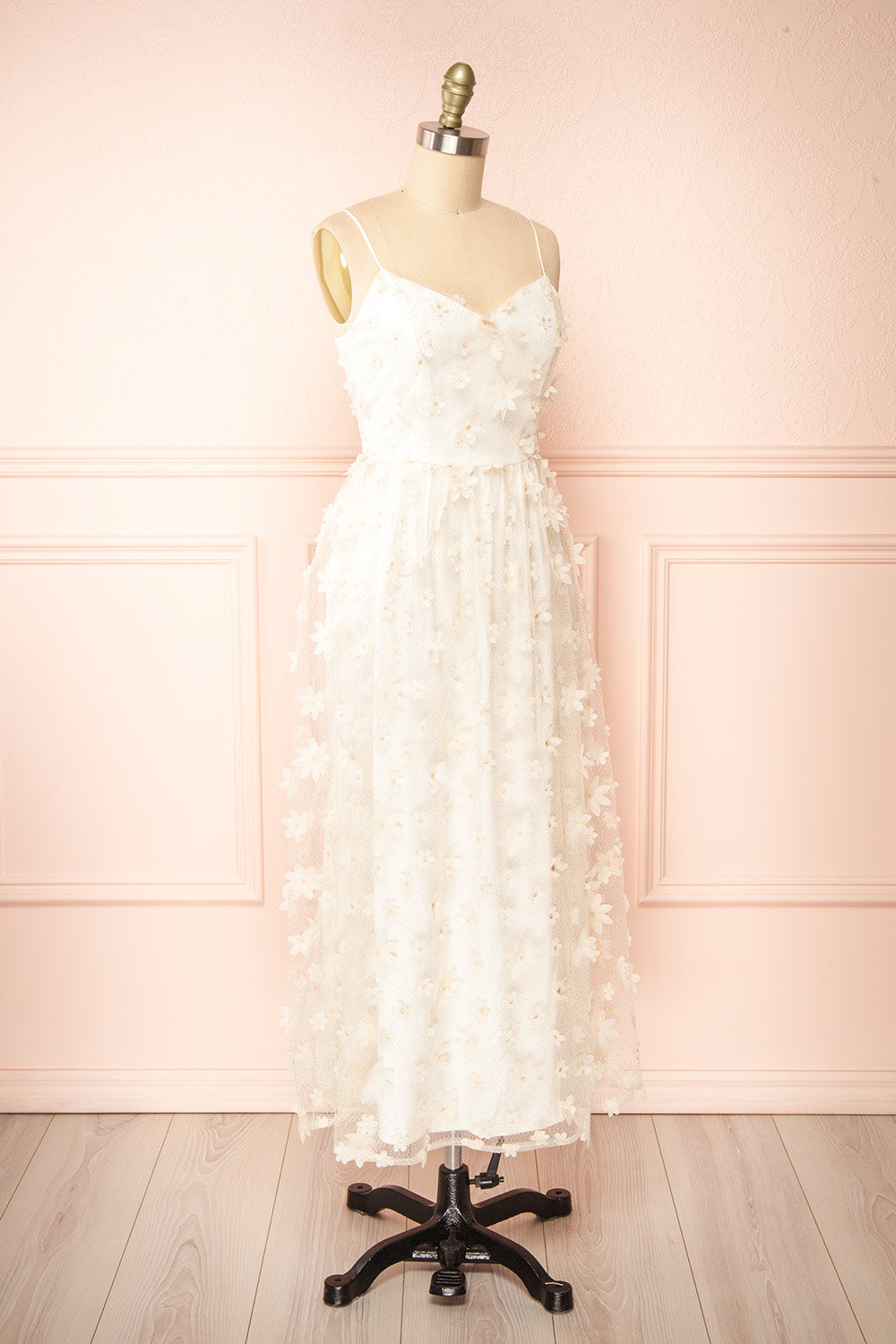 Solene White Midi Tulle Dress w/ Floral Appliqués | Boutique 1861 side view