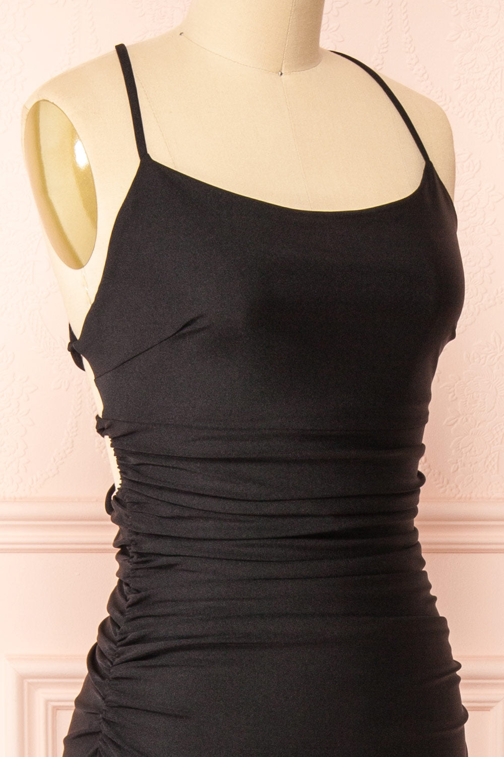 Sonia Black Backless Mermaid Maxi Dress w/ Slit | Boutique 1861 side close-up