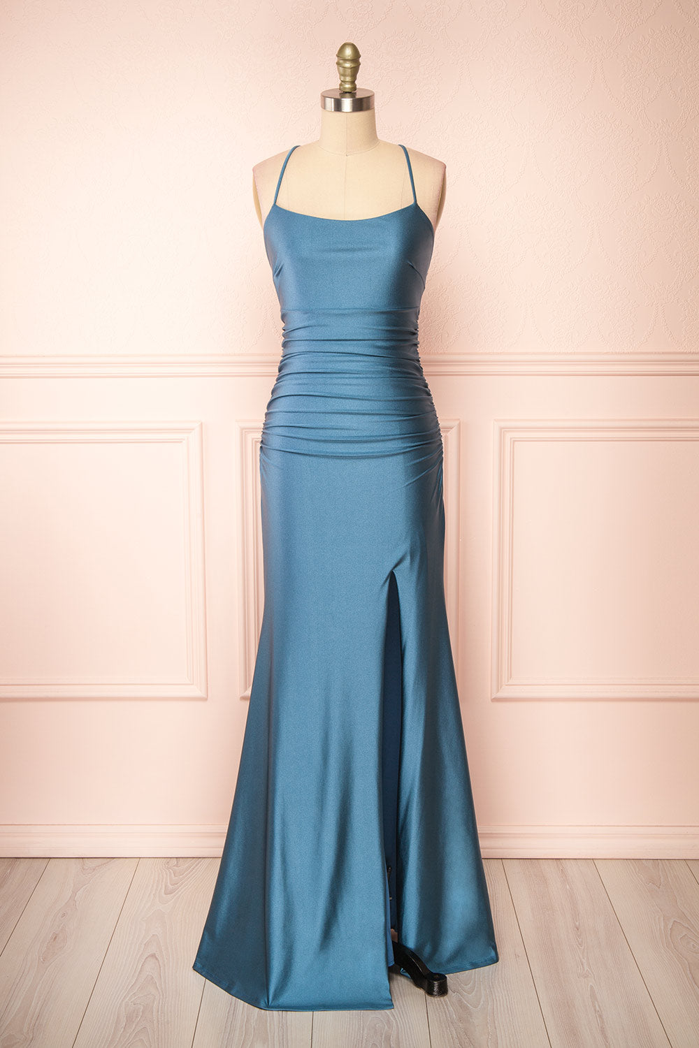 Sonia Blue Grey Backless Mermaid Maxi Dress w/ Slit | Boutique 1861 front view 
