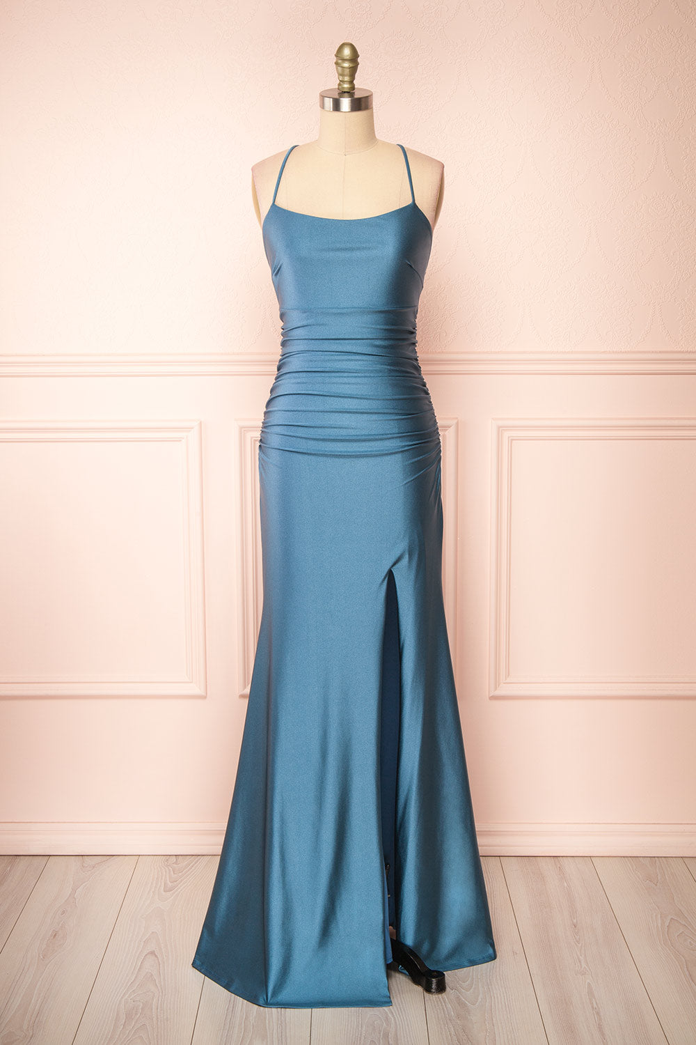 Sonia Blue Grey Backless Mermaid Maxi Dress w/ Slit | Boutique 1861 front view