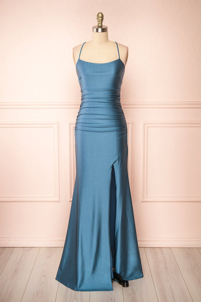 Sonia Blue Grey Backless Mermaid Maxi Dress w/ Slit | Boutique 1861 front view