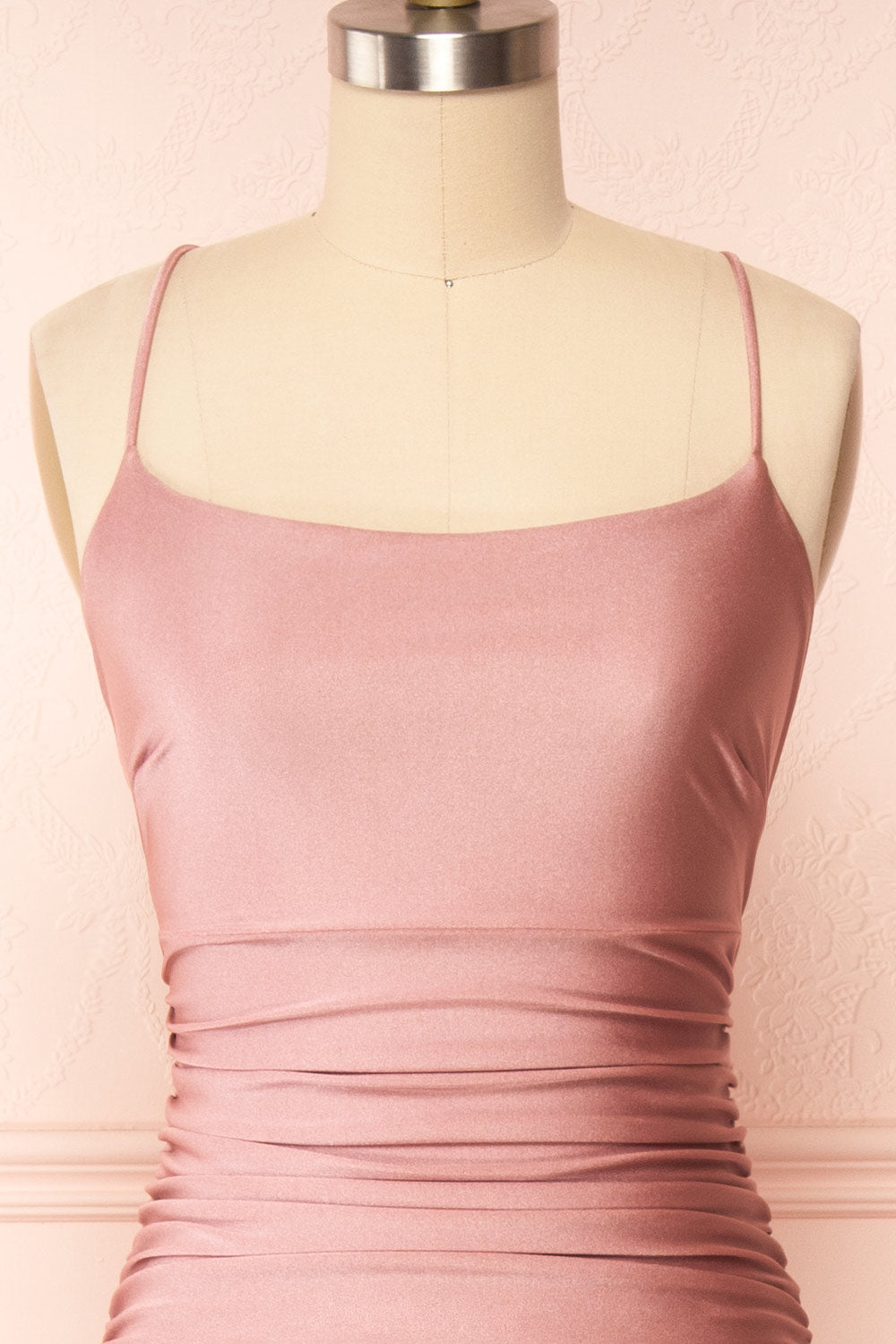 Sonia Blush Backless Mermaid Maxi Dress w/ Slit | Boutique 1861 front close up