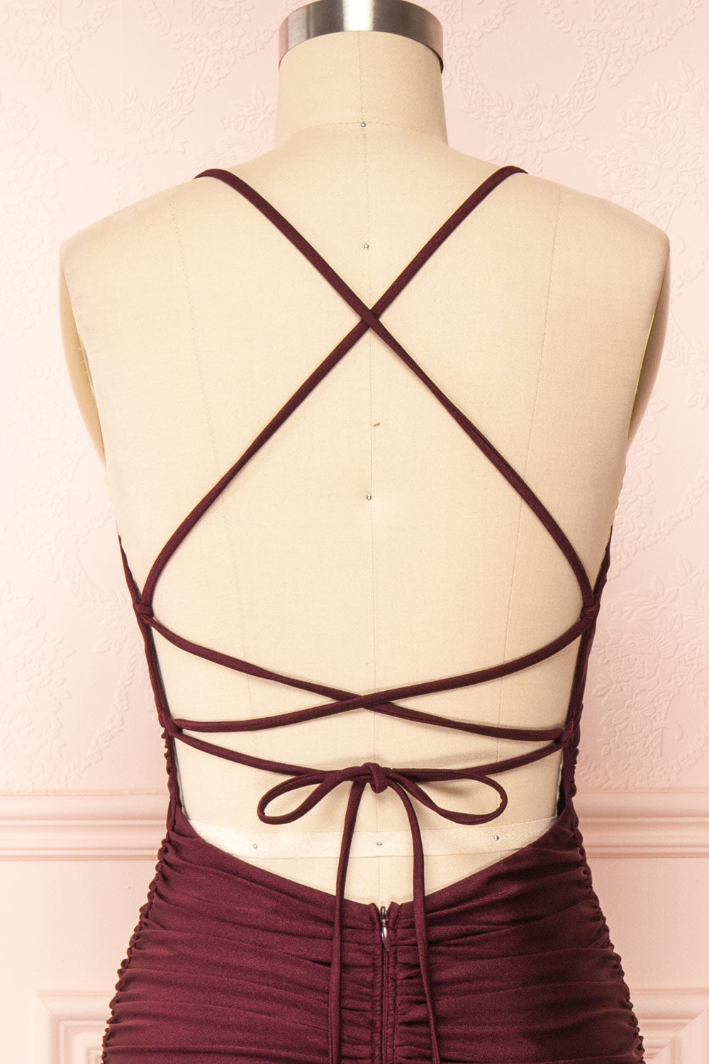 Sonia Burgundy Backless Mermaid Maxi Dress w/ Slit | Boutique 1861 back close up